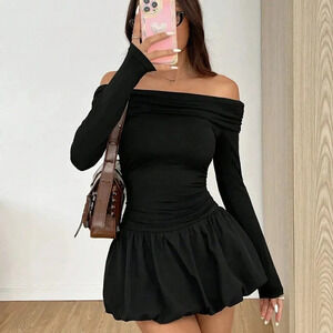Black Elegant Women's Solid One-Shoulder Long Sleeve Ruffle Hem Mini Dress